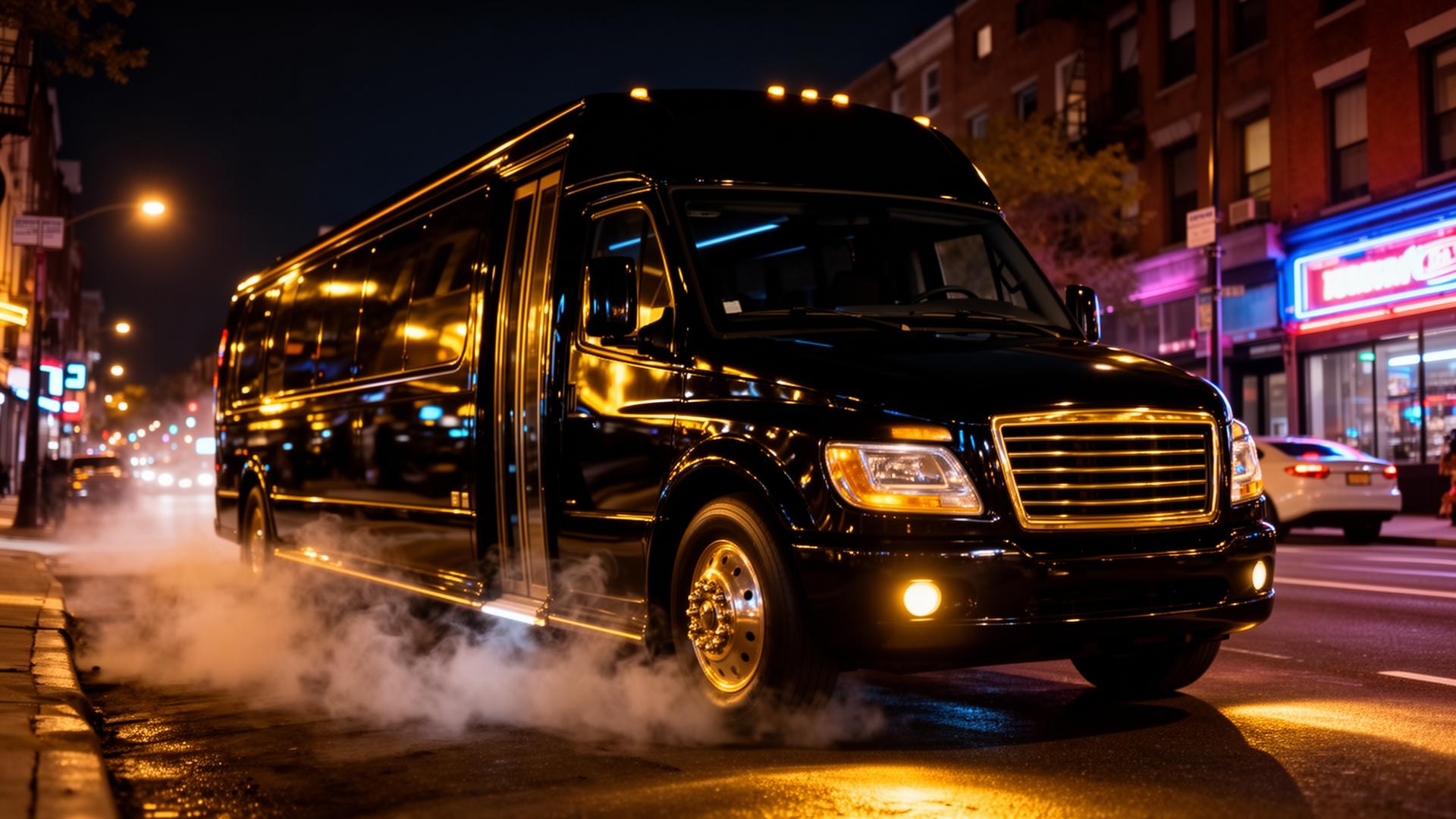 Luxury black party bus on a Philadelphia street at night